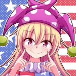  1girl american_flag_background american_flag_shirt aospanking bangs blonde_hair blue_background blue_shirt blush closed_mouth clownpiece eyebrows_visible_through_hair fingers_to_cheeks hair_between_eyes hands_up hat jester_cap long_hair looking_at_viewer multicolored_clothes multicolored_shirt neck_ruff pink_eyes pink_headwear pointing polka_dot red_background red_shirt shirt short_sleeves smile solo star_(symbol) star_in_eye star_print starry_background symbol_in_eye touhou upper_body white_background white_shirt 