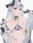  1girl absurdres alternate_costume animal_print aqua_collar arknights bare_shoulders bell bikini black_collar black_gloves black_horns blush bottle breasts bright_pupils cleavage collar collarbone cow_print cow_print_bikini cowbell diamond-shaped_pupils diamond_(shape) ear_piercing flying_sweatdrops front-tie_bikini_top front-tie_top gloves grey_background grey_hair grey_jumpsuit hand_up highres holding holding_bottle horns infection_monitor_(arknights) jumpsuit large_breasts long_hair long_sleeves looking_at_viewer material_growth mudrock_(arknights) multicolored_collar navel neck_bell open_jumpsuit open_mouth oripathy_lesion_(arknights) piercing pointy_ears print_bikini red_eyes simple_background solo spam_(spamham4506) stomach sweatdrop swept_bangs swimsuit symbol-shaped_pupils two-tone_collar upper_body white_background white_pupils 