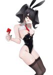  1girl absurdres ame-chan_(needy_girl_overdose) animal_ears bare_shoulders black_eyes black_hair black_hairband black_leotard black_nails black_thighhighs blood blood_from_mouth breasts breasts_out condom condom_wrapper detached_collar earrings eyeshadow hairband heart heart_print highres holding holding_condom jewelry leotard long_hair looking_at_viewer makeup nail_polish necktie needy_girl_overdose nipples pink_lips pink_nails playboy_bunny rabbit_ears red_eyeshadow red_necktie scar scar_on_arm scar_on_thighs self-harm_scar simple_background single_hair_intake solo strapless strapless_leotard stud_earrings thighhighs thighs twintails waytok white_background 