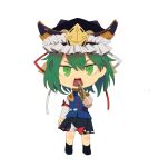  1girl black_boots black_hat black_skirt blue_vest boots chibi chibi_only epaulettes frilled_hat frills full_body green_hair hat highres long_sleeves looking_at_viewer onionmay open_mouth ribbon-trimmed_skirt ribbon_trim rod_of_remorse shiki_eiki shirt simple_background skirt solo teeth touhou upper_teeth_only vest white_background white_shirt 
