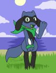 ambiguous_gender anthro artist_name black_body black_fur blue_body blue_fur bracelet cloud day eyebrows fur generation_4_pokemon gesture grass green_bracelet green_eyes green_insides green_kerchief green_neckerchief green_tongue jewelry kerchief looking_at_viewer neckerchief neckwear nintendo open_mouth open_smile outside plant pokemon pokemon_(species) raised_eyebrows riolu sky smile softfoxxo solo standing sun tail teeth text tongue water waving waving_at_viewer