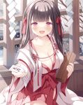  1girl :d bangs bare_shoulders blunt_bangs blush breasts brown_hair cleavage collarbone commentary_request eyebrows_visible_through_hair hair_intakes hair_ribbon hakama hakama_skirt holding hoshino_koucha japanese_clothes kimono large_breasts long_sleeves looking_at_viewer miko open_mouth original reaching_out red_hakama red_ribbon ribbon skirt smile solo white_kimono wide_sleeves 