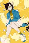  1girl absurdres air_shakur_(umamusume) alternate_costume animal_ears asymmetrical_bangs bespectacled black_hair brown_shirt casual cat collared_shirt eyebrow_piercing face_piercing full_body glasses hair_over_one_eye highres horse_ears invisible_chair jacket long_hair long_sleeves open_clothes open_jacket outline piercing samedonburi semi-rimless_eyewear shirt shoes shorts sitting sneakers socks solo star_(symbol) sweater_vest umamusume white_outline white_shoes yellow_background yellow_eyes yellow_socks 