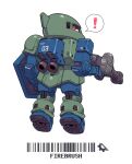  ! artist_name chibi commentary firebrush from_behind gun gundam highres holding holding_gun holding_shield holding_weapon looking_at_viewer looking_back mecha mecha_focus mobile_suit mobile_suit_gundam no_humans one-eyed red_eyes robot science_fiction sd_gundam shield simple_background solo speech_bubble spoken_exclamation_mark thrusters weapon white_background zaku_i 