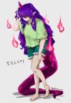  1girl full_body highres hitodama horns koyane_(silver81106) long_hair purple_eyes purple_hair red_eyes single_horn solo tenkajin_chiyari touhou wavy_hair 