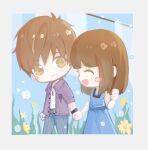  1boy 1girl ^_^ bai_qi_(love_and_producer) bare_arms bare_shoulders belt belt_buckle black_belt blue_dress blue_pants blue_sky blunt_bangs blunt_ends blush_stickers border breast_pocket brown_eyes buckle chibi chinese_commentary clenched_hand closed_eyes closed_mouth cloud collared_shirt colored_eyelashes commentary_request couple day denim dress feet_out_of_frame flower frilled_dress frills grey_border happy hetero highres holding_hands jeans jewelry long_dress love_and_producer medium_hair messy_hair miqing open_clothes open_mouth open_shirt outdoors pants pendant pleated_dress pocket protagonist_(love_and_producer) purple_shirt shirt short_sleeves single_blush_sticker sky smile tank_top tareme walking watch water_drop white_tank_top wristwatch yellow_flower 