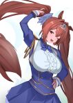  1girl absurdres animal_ears antenna_hair arms_up blush breasts commentary daiwa_scarlet_(peak_blue)_(umamusume) daiwa_scarlet_(umamusume) fang hair_intakes hand_on_own_hip highres horse_ears juliet_sleeves large_breasts long_hair long_sleeves looking_at_viewer one_eye_closed open_mouth puffy_sleeves red_eyes red_hair shirt simple_background skin_fang smile solo tiara totwo twintails umamusume very_long_hair white_background white_shirt 