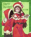  1boy 1girl aizawa_sachi black_hair black_skin brown_hair chocolate_chip_cookie christmas closed_eyes closed_mouth colored_skin commentary_request cookie cup dated drinking_glass feeding food hat holding holding_cup holding_plate hood hood_up hooded_jacket jacket long_hair long_sleeves open_mouth original plate red_hat red_jacket santa_costume santa_hat short_hair tongue tongue_out twitter_username 