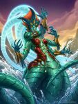 2022 4_arms 5_eyes angry aquatic armor blizzard_entertainment breasts cecaelia digital_media_(artwork) female gold_(metal) gold_armor green_body hearthstone hi_res merfolk multi_arm multi_eye multi_limb navel night official_art outside partially_submerged queen_azshara_(warcraft) solo split_form star tentacles ursula_dorada warcraft water