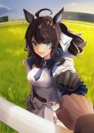  1boy 1girl absurdres animal_ears black_gloves black_hair blue_eyes blue_necktie blue_sky cloud cloudy_sky colored_inner_animal_ears commentary_request commission daring_tact_(umamusume) denryoku_saboten fist_bump gloves grass hair_ornament highres horse_ears horse_girl horse_racing_track jacket looking_at_viewer medium_hair multicolored_hair necktie open_clothes open_jacket open_mouth outdoors pixiv_commission pov pov_hands sky smile streaked_hair umamusume white_hair white_jacket 
