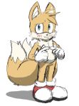  2026 2_tails black_nose blue_eyes blush blush_lines chest_tuft clothing digital_drawing_(artwork) digital_media_(artwork) dipstick_tail english_description fingers_together fur gloves handwear hi_res humanoid_hands junicanart looking_at_viewer male markings miles_prower multi_tail sega simple_background sketch solo sonic_the_hedgehog_(series) standing tail tail_markings tan_body tan_fur tan_inner_ear tan_tail_tip tuft white_background white_clothing white_gloves white_handwear yellow_body yellow_fur 