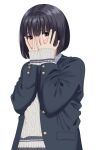  1girl artist_name black_hair blazer blush bob_cut covering_face jacket knit_sweater mattaku_mousuke original short_hair solo watermark white_background 