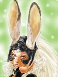  1girl aina_rive animal_ears armor colored_eyebrows commentary_request dark-skinned_female dark_skin ears_through_headwear final_fantasy final_fantasy_xii fingernails fran14 fran_(ff12) gauntlets green_background head_rest helmet lips long_fingernails long_hair looking_at_viewer parted_lips partial_commentary rabbit_ears rabbit_girl red_eyes simple_background solo viera white_hair 