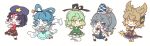 5girls black_skirt blue_dress blue_eyes blue_hair bracelet chibi chibi_only commentary_request dress earmuffs full_body ghost_tail green_dress green_eyes green_hair grey_hair hagoromo hair_ornament hair_rings hair_stick hat hat_ornament highres japanese_clothes jewelry jiangshi kaku_seiga kaogumaster kariginu looking_at_viewer medium_hair miyako_yoshika mononobe_no_futo multiple_girls ofuda ofuda_on_clothes open_clothes open_mouth open_vest outstretched_arms pointy_hair pom_pom_(clothes) ponytail purple_eyes purple_hat purple_skirt red_shirt ribbon-trimmed_sleeves ribbon_trim ritual_baton shawl sheath sheathed shirt simple_background skirt sleeveless sleeveless_shirt smile soga_no_tojiko star_(symbol) star_hat_ornament sword tate_eboshi touhou toyosatomimi_no_miko vest weapon white_background white_vest wide_sleeves zombie_pose 