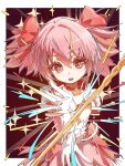  +_+ 1girl absurdres border bow bow_(weapon) bow_choker brown_background buttons center_frills chinese_commentary choker collarbone commentary_request cowboy_shot determined dot_nose dress dress_bow eyelashes frilled_sleeves frills gloves goose-last hair_between_eyes hair_bow highres holding holding_bow_(weapon) holding_weapon kaname_madoka light_blush looking_at_viewer magic magical_girl mahou_shoujo_madoka_magica mahou_shoujo_madoka_magica_(anime) open_mouth outside_border pink_bow pink_dress pink_eyes pink_hair puffy_short_sleeves puffy_sleeves red_bow red_choker short_dress short_hair short_sleeves short_twintails solo sparkle sparkling_eyes square_neckline standing teeth twintails upper_teeth_only weapon white_border white_gloves white_sleeves 