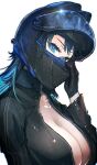  1girl absurdres advarcher alternate_costume biker_clothes bikesuit black_bodysuit black_gloves blue_eyes blue_hair bodysuit breasts cleavage commentary gloves helmet highres hololive hololive_english large_breasts long_hair looking_to_the_side ouro_kronii partially_unzipped simple_background solo untranslatable_commentary white_background zipper 