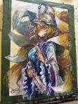  1girl absurdres animal_hat between_fingers blonde_hair blue_tabard breasts closed_mouth commentary_request dress fox_tail harikona hat highres holding holding_ofuda kitsune large_breasts looking_at_viewer medium_hair mob_cap multiple_tails ofuda ofuda_between_fingers painting_(medium) photo_(medium) signature smile solo tabard tail touhou traditional_media watercolor_(medium) white_dress yakumo_ran yellow_eyes 