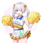  1girl ;d alternate_costume bare_shoulders blunt_bangs blunt_ends bow character_name cheerleader clothes_writing collared_shirt cowboy_shot eyelashes fang furrowed_brow green_eyes grey_hair hair_bow hands_up happy heaven_burns_red highres hime_cut holding holding_pom_poms looking_at_viewer medium_hair midriff miniskirt one_eye_closed open_mouth orange_bow orange_shirt orange_skirt pleated_skirt pom_pom_(cheerleading) rrtp shirt sidelocks simple_background skin_fang skirt sleeveless sleeveless_shirt smile solo sparkle straight_hair sugawara_chie translated twintails two-tone_shirt two-tone_skirt white_background white_shirt white_skirt 