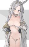  1girl @_@ animal_ears areola_slip areolae arknights bare_shoulders bikini black_gloves blush breasts brown_hairband cameltoe coat collar collarbone cowboy_shot forehead gloves grey_background grey_bikini grey_coat hairband heavyrain_(arknights) highres horse_ears long_hair long_sleeves looking_at_viewer medium_breasts mikojin navel nervous_smile open_clothes open_coat purple_eyes silver_hair smile solo stomach strapless strapless_bikini sweat swimsuit undressing very_long_hair 