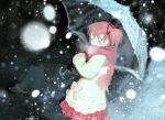  1girl :d ^_^ a10ano alien blurry blurry_background blush chinese_commentary closed_eyes coat commentary_request creature depth_of_field from_side fur-trimmed_sleeves fur_trim hair_ribbon holding holding_umbrella kaname_madoka kyubey mahou_shoujo_madoka_magica mahou_shoujo_madoka_magica_(anime) mittens night outdoors pink_hair pink_scarf pink_skirt plaid_clothes plaid_skirt pleated_skirt red_mittens red_ribbon ribbon scarf short_hair short_twintails skirt smile snow snowing standing twintails umbrella upper_body white_coat white_umbrella winter_clothes winter_coat 