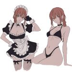  1girl apron arm_support bare_shoulders bikini black_bikini black_bow black_bowtie black_dress black_gloves bow bow_legwear bowtie braid braided_ponytail breasts chainsaw_man cleavage closed_mouth collarbone commentary detached_collar dress fishnet_thighhighs fishnets frilled_apron frills gloves hair_ornament hand_on_own_hip hand_up head_tilt highres long_hair looking_at_viewer maid maid_apron maid_headdress makima_(chainsaw_man) medium_breasts navel pcharlesart puffy_short_sleeves puffy_sleeves red_hair ringed_eyes short_sleeves simple_background sitting smile solo stomach swimsuit thighhighs thighs waist_apron white_apron white_background wrist_cuffs yellow_eyes 