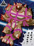 abs anthro bandai_namco bdsm bondage bound brown_body bulge cross-popping_vein digimon digimon_(species) digimon_beatbreak featureless_crotch gag gagged gigasmon hi_res male muscular muscular_anthro muscular_male null_bulge onodera pecs restraints rope rope_bondage rope_harness solo