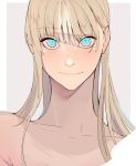  1girl absurdres android bare_shoulders blonde_hair blue_eyes border chromatic_aberration collarbone commentary_request ecomoesty ei_chan_(endless_overhaul) endless_overhaul grey_background highres long_hair looking_at_viewer multicolored_eyes nude portrait smile solo white_border yellow_eyes 