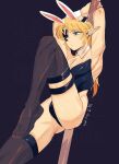  1boy absurdres animal_ears black_background black_leotard blonde_hair blue_eyes bulge closed_mouth commentary_request crossdressing crossdressing_(mtf) eyepatch fake_animal_ears high_ponytail highres leotard link long_hair long_pointy_ears male_focus male_playboy_bunny no_shoes pointy_ears pole ponytail rabbit_ears rani_grb solo stripper_pole the_legend_of_zelda toned toned_male watermark 
