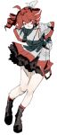  1girl ahoge arms_behind_back belt black_belt boots breasts brown_boots buttons closed_mouth criss-cross_straps drill_hair floating_clothes frills full_body hair_between_eyes hair_ribbon highres kasane_teto kasane_teto_(sv) long_hair long_sleeves looking_at_viewer medium_breasts multicolored_hair red_eyes red_hair ribbon ruda_(ruda_0616_tfj) simple_background smile solo standing standing_on_one_leg streaked_hair synthesizer_v twin_drills utau white_background white_hair white_ribbon 