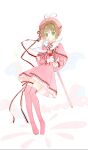  1girl antenna_hair beret boots brown_hair capelet cardcaptor_sakura closed_mouth cloud commentary_request corrupted_file dress frilled_dress frills full_body gloves green_eyes hair_intakes happy hat hat_ribbon hexagram highres holding holding_wand kinomoto_sakura kinomoto_sakura_(silk_ribbon) leg_ribbon light_blush light_particles long_sleeves looking_at_viewer magical_girl miqing neck_ribbon pink_boots pink_capelet pink_dress pink_gloves pink_hat pleated_dress ribbon short_dress short_hair_with_long_locks sidelocks single_stripe smile solo standing star_(symbol) star_wand striped_ribbon tareme thigh_boots thigh_ribbon wand white_background white_ribbon winged_wand 