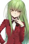  1girl black_bow black_bowtie bow bowtie breasts budgiepon c.c. code_geass commentary english_commentary finger_to_cheek frilled_shirt frills green_hair hand_up highres jacket long_hair looking_at_viewer red_jacket shirt simple_background small_breasts solo very_long_hair white_background white_shirt yellow_eyes 