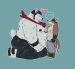 absurd_res anthro armor beanie bear belly big_belly bodily_fluids bottomwear brown_body brown_fur camo camo_bottomwear camo_clothing camo_pants camo_print canid canine canis chain claws clothed clothing clothing_pull dialogue duo ear_piercing embarrassed english_text epic_games eye_patch eyewear fingerless_gloves fortnite fur gloves handwear hat headgear headwear helmet hi_res imminent_kiss kerchief larger_sub looking_away male male/male mammal mattinqq moobs musclegut muscular neckerchief neckwear nipples overweight overweight_male pants partially_clothed pattern_bottomwear pattern_clothing pattern_pants paws piercing polar_bear polar_patroller seductive shirtless size_difference speech_bubble submissive submissive_male sweat tail text ursine wendell_(fortnite) wolf