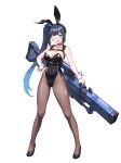  1girl absurdres animal_ears bare_shoulders black_choker black_hair black_hairband black_leotard black_sandals blue_eyes blue_hair breasts brown_pantyhose cannon chest_harness choker cleavage collarbone commentary_request covered_navel eyepatch fake_animal_ears full_body gradient_hair hairband hand_on_own_hip harness high_heels highleg highleg_leotard highres korean_commentary large_breasts legs_apart leotard long_hair looking_at_viewer medical_eyepatch mr_tangsuyuk multicolored_hair open_mouth pantyhose playboy_bunny rabbit_ears sandals side-tie_leotard side_ponytail simple_background smile solo standing strapless strapless_leotard trickcal v-shaped_eyebrows very_long_hair weapon weapon_on_back white_background wrist_cuffs xion_(trickcal) 