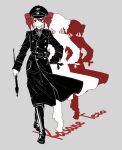  1girl absurdres commentary_request cross drill_hair hat highres igaku_(utau) iron_cross jacket kasane_teto kasane_teto_(sv) mesmerizer_(vocaloid) military military_hat military_jacket military_uniform red_eyes red_hair synthesizer_v tenosynovitis twin_drills utau 