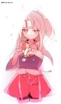  1girl atsumi_jun bad_id bad_twitter_id blush box brown_hair closed_mouth commentary cropped_legs dot_mouth gift gift_box hachimaki hakama hakama_shorts headband heart-shaped_box holding holding_gift japanese_clothes kantai_collection kimono long_hair looking_at_viewer muneate ponytail red_eyes red_hakama shorts simple_background solo white_background wide_sleeves zuihou_(kancolle) 