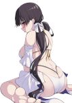  1girl amaterasu_(himegami_emaki) ass back barefoot bikini black_hair blush bow breasts commentary_request defaultkavy detached_sleeves dimples_of_venus from_behind hair_bow highres himegami_emaki long_hair looking_at_viewer median_furrow medium_breasts profile red_eyes sarong short_sleeves sideways_glance simple_background solo swimsuit tongue tongue_out twintails very_long_hair white_background white_bikini white_bow white_sarong white_sleeves 