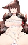  1girl absurdres akagi_(azur_lane) animal_ears areola_slip areolae azur_lane bandages bangs breasts breath brown_hair budget_sarashi chest_sarashi commentary eyebrows_visible_through_hair fox_ears fox_tail highres large_breasts long_hair multiple_tails navel open_mouth red_eyes samip sarashi simple_background sitting solo spread_legs stomach tail thighs white_background 