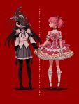  2girls avanes_d bare_shoulders black_hair black_shoes black_thighhighs bow bow_choker bubble_skirt choker closed_mouth commentary copyright_name detached_sleeves dissolving distortion dress frilled_skirt frills gloves grey_skirt hair_bow highres image_warping kneehighs layered_sleeves long_hair long_sleeves looking_at_another mahou_shoujo_madoka_magica mahou_shoujo_madoka_magica:_walpurgis_no_kaiten multiple_girls petticoat pink_bow pink_dress pink_hair pleated_skirt profile puffy_sleeves red_background red_choker red_shoes shoes short_hair short_sleeves short_twintails simple_background skirt socks standing swirl thighhighs twintails white_gloves white_socks yellow_eyes 