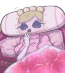  1girl absurdres black_eyes blonde_hair blush bouquet box box_of_chocolates breasts candy chocolate commentary_request eating elbow_gloves floral_print flower food frilled_pillow frills gloves heart heart-shaped_chocolate heart-shaped_food highres juliet_sleeves katamari_damacy large_breasts long_eyelashes long_sleeves notice_lines pillow pink_shirt puffy_sleeves queen_of_all_cosmos red_flower red_rose rose rose_print shirt simple_background solo umm15 upper_body white_background white_gloves 