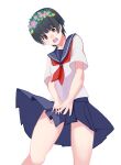  1girl bare_shoulders black_hair blue_sailor_collar blue_skirt brown_eyes commentary_request feet_out_of_frame flower flower_hairband from_below light_blush masou neckerchief open_mouth pleated_skirt purple_flower red_neckerchief sailor_collar sakugawa_school_uniform school_uniform serafuku shirt short_hair short_sleeves simple_background skirt solo summer_uniform teeth toaru_kagaku_no_railgun toaru_majutsu_no_index uiharu_kazari upper_teeth_only white_background white_shirt wind wind_lift yellow_flower 