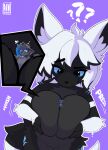 ambiguous_gender anthro bell between_breasts big_breasts black_body black_fur blue_eyes blue_tongue body_between_breasts breasts duo extreme_size_difference eyewear fur glasses grey_body grey_hair hair hi_res inner_ear_fluff macro male micro micro_between_breasts micro_on_macro pressing_breasts_together question_mark size_difference squish tail tongue tuft white_hair