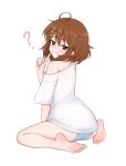 1girl ? absurdres ahoge andreypavlow armpit_crease ass barefoot blue_panties blush brown_hair closed_mouth commentary english_commentary feet finger_to_mouth from_behind full_body hair_ornament hairclip highres hirasawa_yui k-on! legs looking_at_viewer looking_back medium_hair messy_hair no_pants panties shirt short_sleeves sidelocks simple_background smile soles solo toes underwear white_background white_shirt 