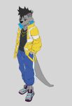  anthro black_hair brown_eyes cosplay david_martinez_(edgerunners) fur grey_body grey_fur hair hi_res male scar shaun_lutra_(voxxen) smile solo voxxen 