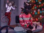 2025 absurd_res anthro barefoot black_body black_fur black_tail cheek_tuft christmas christmas_clothing christmas_sweater christmas_topwear christmas_tree clothed clothed_anthro clothed_female clothing digital_drawing_(artwork) digital_media_(artwork) domestic_cat door duo facial_tuft feet felid feline felis female fully_clothed fully_clothed_anthro fully_clothed_female fur head_tuft heterochromia hi_res holidays inside looking_at_another male mammal mouse murid murine open_mouth open_smile plant rodent signature sitting smile sweater tail topwear tree tuft unluckymireille whiskers