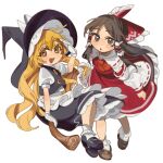  2girls absurdres apron ascot black_hat black_shoes black_skirt black_vest blonde_hair bow braid broom broom_riding brown_eyes brown_hair brown_shoes commentary_request deformed detached_sleeves frilled_bow frilled_hair_tubes frills full_body hair_bow hair_tubes hakurei_reimu hat hat_bow highres kirisame_marisa long_hair looking_at_viewer multiple_girls open_mouth red_bow red_skirt ribbon-trimmed_sleeves ribbon_trim shi_chimi shoes side_braid simple_background single_braid skirt skirt_set smile socks touhou vest waist_apron white_apron white_background white_bow white_socks witch_hat yellow_eyes 