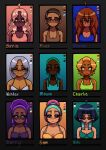  6+girls absurdres ahoge blonde_hair blue_eyes blue_hair bra braid breasts brown_hair character_name charlie_(degrees_of_lewdity) charlie_(female)_(degrees_of_lewdity) cleavage color_guide commentary dark-skinned_female dark_skin darryl_(degrees_of_lewdity) darryl_(female)_(degrees_of_lewdity) degrees_of_lewdity doren_(degrees_of_lewdity) doren_(female)_(degrees_of_lewdity) earrings english_commentary glasses green_hair grey_bra grey_hair hair_tie highres jewelry mason_(degrees_of_lewdity) mason_(female)_(degrees_of_lewdity) multiple_girls niki_(degrees_of_lewdity) niki_(female)_(degrees_of_lewdity) pink_hair plug_(piercing) purple_bra purple_hair queenyuriiii river_(degrees_of_lewdity) river_(female)_(degrees_of_lewdity) sam_(degrees_of_lewdity) sam_(female)_(degrees_of_lewdity) sirris_(degrees_of_lewdity) sirris_(female)_(degrees_of_lewdity) sunglasses twin_braids underwear winter_(degrees_of_lewdity) winter_(female)_(degrees_of_lewdity) yellow_bra 
