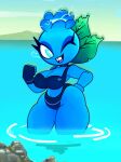 2026 bikini black_mouth blue_bikini blue_bikini_bottom blue_bikini_top blue_body blue_clothing blue_eyes blue_fingerless_gloves blue_gloves blue_handwear blue_sky blue_swimwear breasts buckteeth clothing cloud colored digital_media_(artwork) electric_blueberry electricity electricity_manipulation electronic_arts elemental_creature elemental_humanoid elemental_manipulation eyelashes female fingerless_gloves flora_fauna gloves hand_on_hip hand_on_own_hip handwear hi_res humanoid lastlimay not_furry one_eye_closed open_mouth open_smile outside partially_submerged plant plant_humanoid plants_vs._zombies popcap_games purple_tongue sea shaded sky smile solo swimwear teeth thick_thighs three-quarter_view tongue two-piece_swimsuit water wink