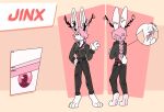  anthro antlers bottomwear braided_hair cheek_tuft cherry_blossom clothing denim denim_bottomwear denim_clothing english_text facial_tuft flower fur hair hair_over_eye half-closed_eyes hi_res horn jackalope jacket jeans jinx_(jackel_usami) lagomorph leather leather_clothing leather_jacket leather_topwear male mammal model_sheet narrowed_eyes pants pink_hair plant prunus_(flower) solo text tiptoes topwear tuft white_body white_fur xing1 