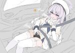  1girl absurdres black_panties blue_archive car_interior commentary_request gloves halo hat have_to_pee highres mizusaki_(kn27) panties peeing peeing_self purple_eyes purple_halo seatbelt solo tea_party_militant_(blue_archive) thighhighs underwear urine_meter white_gloves white_thighhighs wings 
