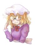  1girl adjusting_eyewear back_bow bespectacled black-framed_eyewear blonde_hair blush bow bowtie closed_mouth collared_dress commentary_request contrast_collar dress glasses hat looking_at_viewer maribel_hearn medium_hair minus_(sr_mineka) mob_cap purple_dress red_bow red_bowtie round_eyewear sash smile solo sparkle touhou white_bow white_hat white_sash yellow_eyes 